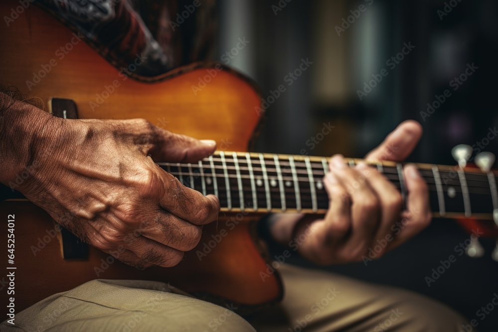 Talented unrecognizable male artist Caucasian musician teacher close up male hands playing guitar fingers touching strings chords notes musical performance concert instrumental music sound bassist guy