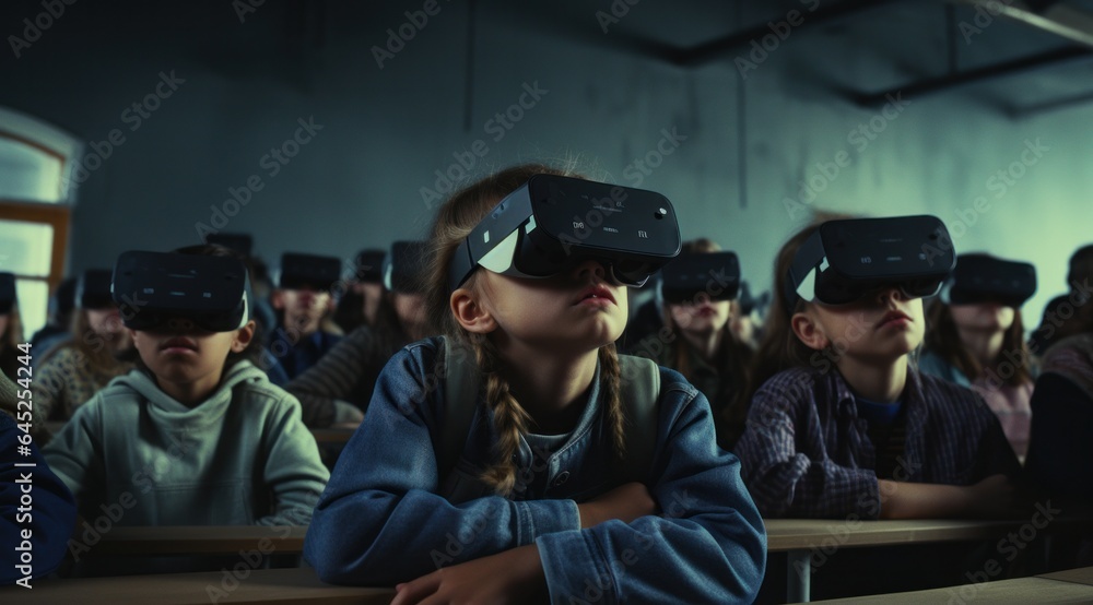 Obraz premium A group of people wearing futuristic virtual reality goggles, their clothing and hats a colorful reminder of the strange multiverse they are about to explore, stand in a room filled with walls that h