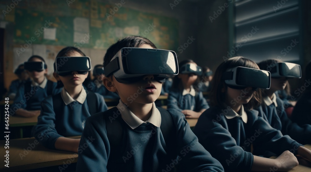 A group of people wearing virtual reality goggles gaze in awe at the dystopian, science-fiction future they have just discovered, a glimpse into a multiverse of possibilities that lies beyond the con A group of people wearing virtual reality goggles gaze in awe at the dystopian, science-fiction future they have just discovered, a glimpse into a multiverse of possibilities that lies beyond the con