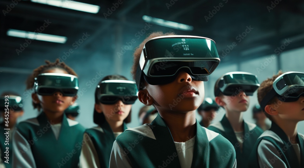 A group of people, clad in futuristic clothing and wearing virtual reality goggles, stand together in a dystopian science fiction world, exploring the possibilities of a multiverse beyond their own A group of people, clad in futuristic clothing and wearing virtual reality goggles, stand together in a dystopian science fiction world, exploring the possibilities of a multiverse beyond their own