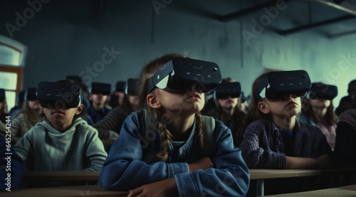 A group of people wearing futuristic virtual reality goggles, their clothing and hats a colorful reminder of the strange multiverse they are about to explore, stand in a room filled with walls that h