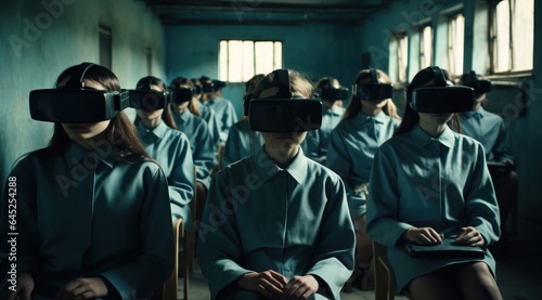 A group of people wearing virtual reality goggles are standing in a dystopian future, lost in a multiverse of possibility, the walls adorned with futuristic clothing and hats, their eyes hidden from 