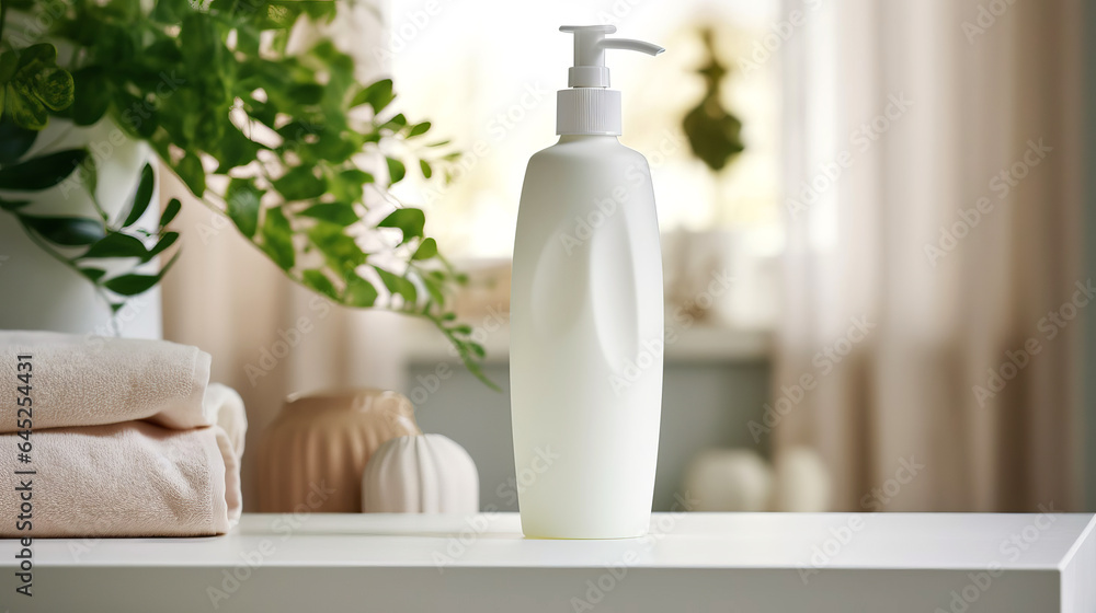 White bottle with a pump for liquid soap in the interior of a home bathroom. AI generated. Selective focus. White bottle with a pump for liquid soap in the interior of a home bathroom. AI generated. Selective focus.