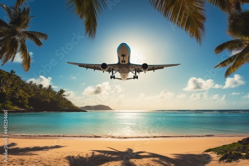 Airplane flying over a tropical beach with palm trees and blue sky