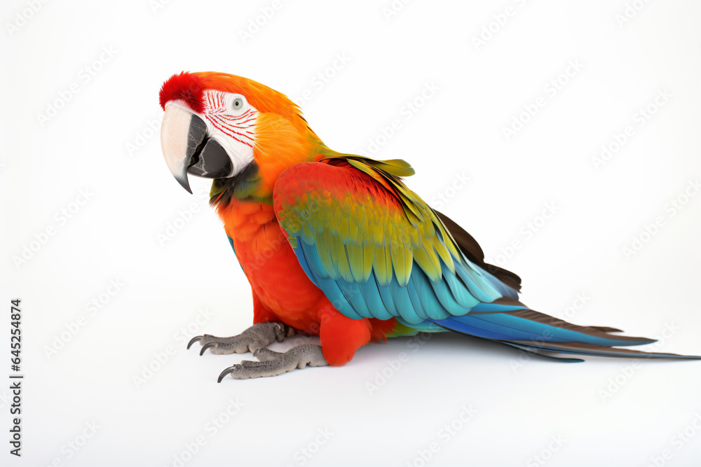 a colorful parrot sitting on a white surface