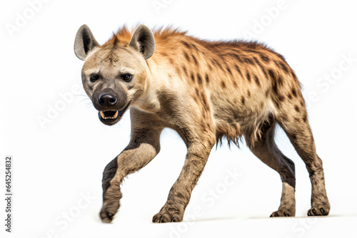 a hyena walking across a white surface