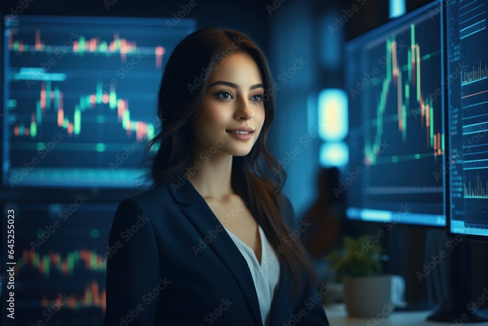 Portrait of businesswoman looking at camera while standing in front of computer monitor with stock market chart.Generative Ai Portrait of businesswoman looking at camera while standing in front of computer monitor with stock market chart.Generative Ai