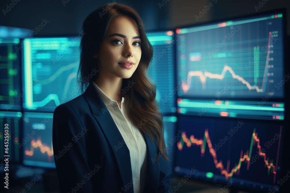 Portrait of businesswoman looking at camera while standing in front of computer monitor with stock market chart.Generative Ai Portrait of businesswoman looking at camera while standing in front of computer monitor with stock market chart.Generative Ai
