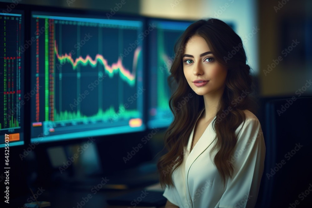 Portrait of businesswoman looking at camera while standing in front of computer monitor with stock market chart.Generative Ai Portrait of businesswoman looking at camera while standing in front of computer monitor with stock market chart.Generative Ai