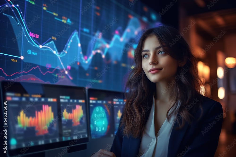 Portrait of businesswoman looking at camera while standing in front of computer monitor with stock market chart.Generative Ai Portrait of businesswoman looking at camera while standing in front of computer monitor with stock market chart.Generative Ai