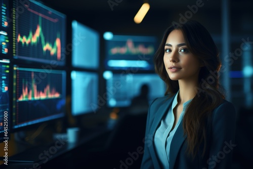 Portrait of businesswoman looking at camera while standing in front of computer monitor with stock market chart.Generative Ai