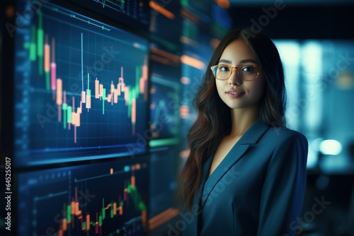Portrait of businesswoman looking at camera while standing in front of computer monitor with stock market chart.Generative Ai