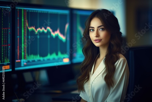 Portrait of businesswoman looking at camera while standing in front of computer monitor with stock market chart.Generative Ai