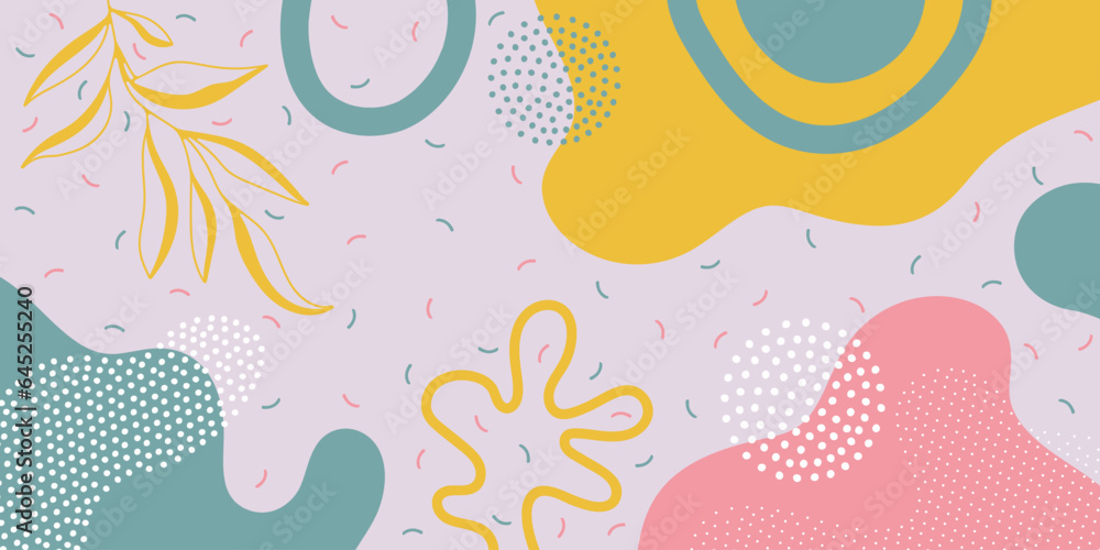 Fototapeta premium Cute doodle pattern background with abstract shapes and dots. Modern vector pattern for Banner, Flyer, Cover...