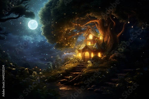 Ethereal mystical dwelling amidst enchanted woods under a massive moon. A magical aura prevails. Generative AI