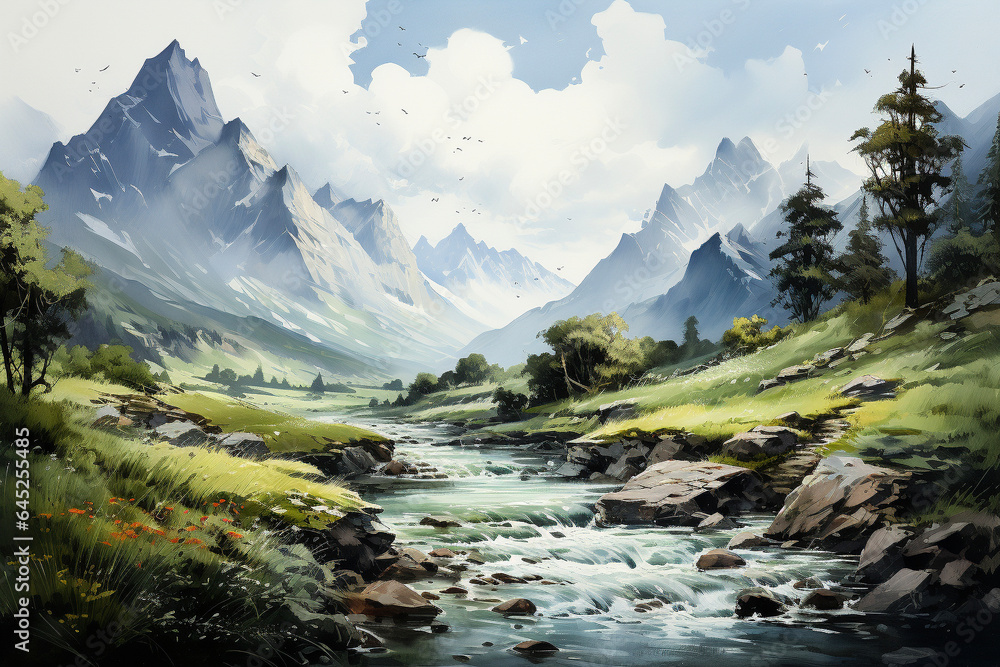 Beautiful mountain landscape with river and forest. Watercolor painting illustration.