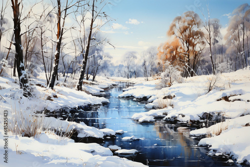 Winter landscape with snow covered trees and a stream. Digital painting.