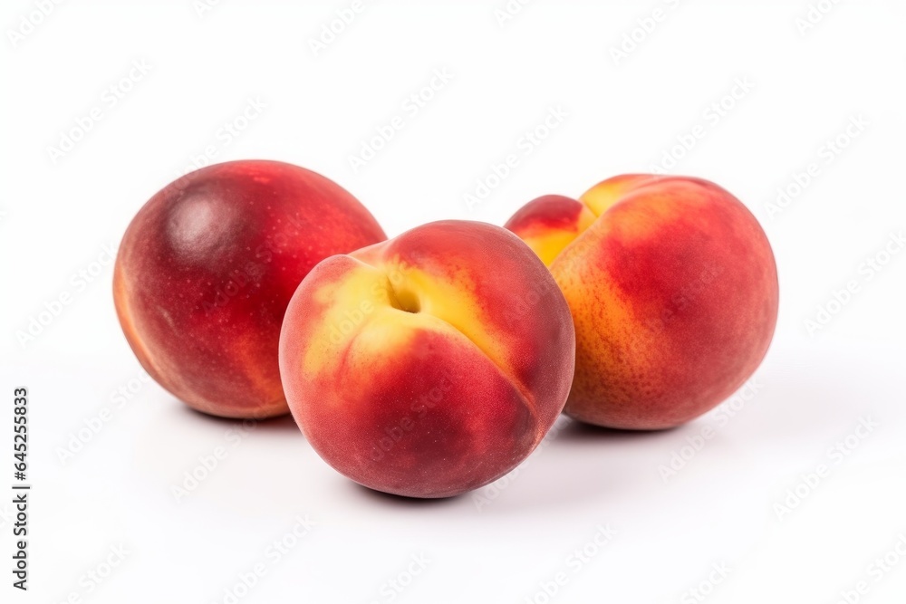 Three ripe peaches on a clean white surface