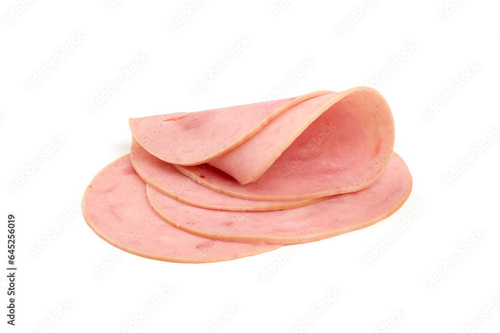 Cooked ham slices, isolated on a white background. Cooked ham slices, isolated on a white background.