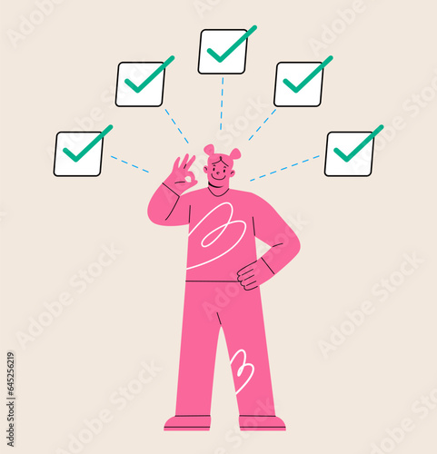 Woman in balance, control in complete done.  Skills and effective attitude with learning and self development. Colorful vector illustration