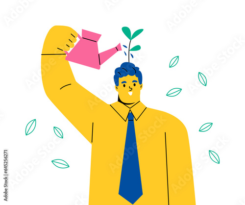 Business man learner using watering can to water growing seedling on his head. Self improvement concept. Flat vector illustration isolated on white background