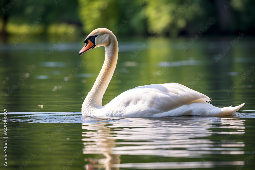 Fototapeta premium a swan swimming in a lake with a green background