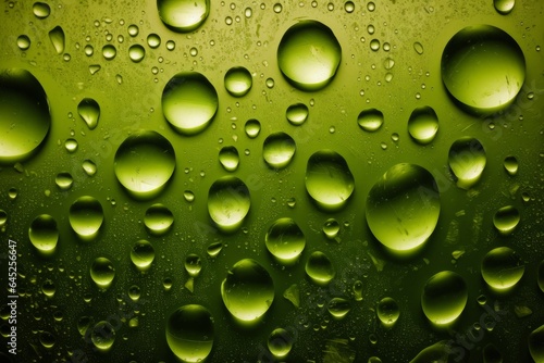 Green surface with water droplets close-up