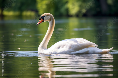 a swan swimming in a lake with a green background
