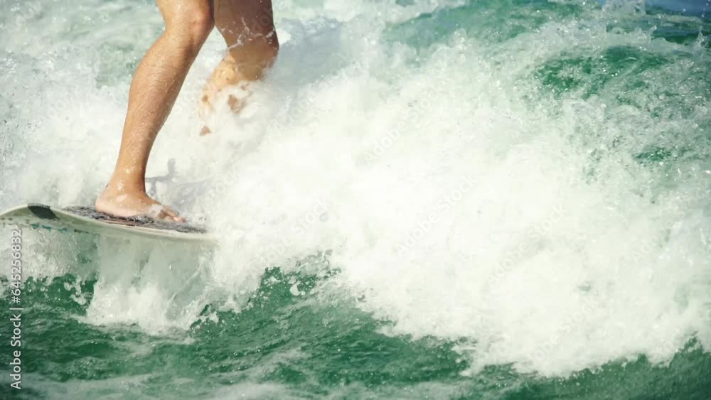 Wakesurfing. A man on a wakesurf glides across laser-like water behind a boat. Close-up of the board and feet. Wakesurfing. A man on a wakesurf glides across laser-like water behind a boat. Close-up of the board and feet.