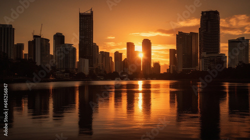 Urban Serenity: Vibrant Sunset Over a Bustling City Skyline