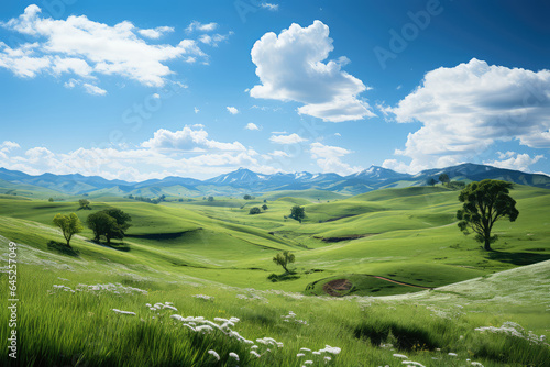 Beautiful spring landscape with green meadows and blue sky.