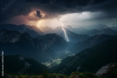 Stormy lightning over mountains. Generative AI