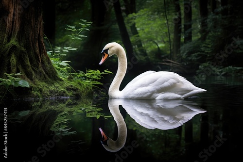 Beautiful white swan floating on water with reflection in forest lake in summer