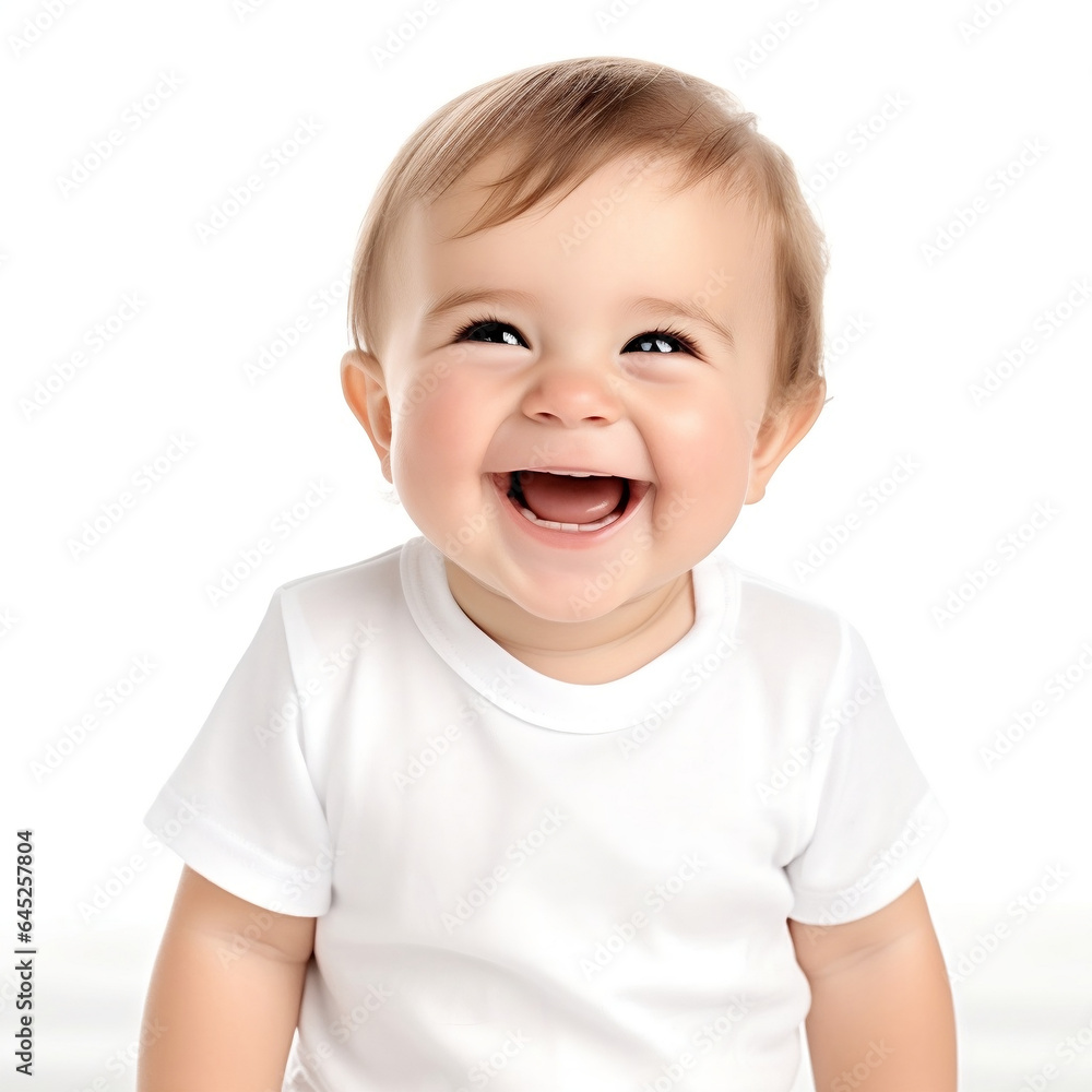 A smiling and happy baby in a white bodysuit in a white studio background A smiling and happy baby in a white bodysuit in a white studio background