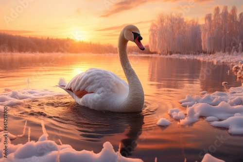 Graceful alone white swan on snow lake with ice in winter day, sunset or dawn