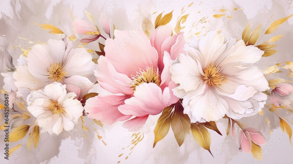 Watercolor pink gold flower abstract mural, peonies, tulips, rose, large delicate voluminous flowers, background, wallpaper, generative AI Watercolor pink gold flower abstract mural, peonies, tulips, rose, large delicate voluminous flowers, background, wallpaper, generative AI