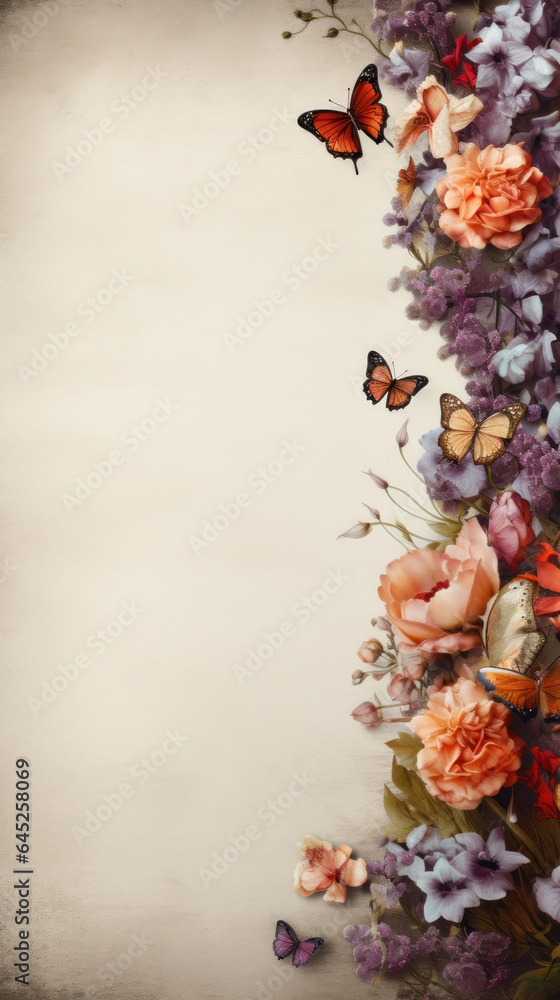 Postcard without text. The postcard features flowers and butterflies. 