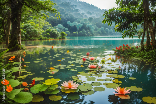 The lush and vibrant jungle filled with towering trees, colorful 
