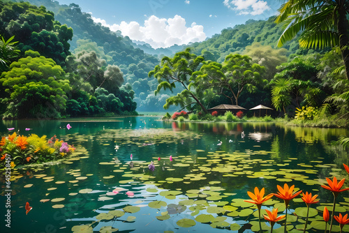 The lush and vibrant jungle filled with towering trees, colorful 