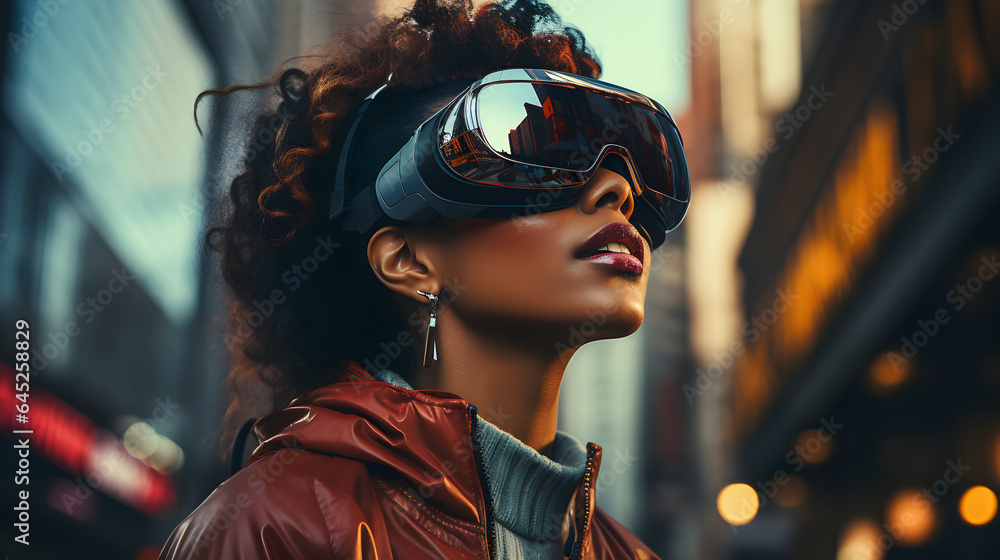 Obraz premium Black scin woman is wearing a VR on the street