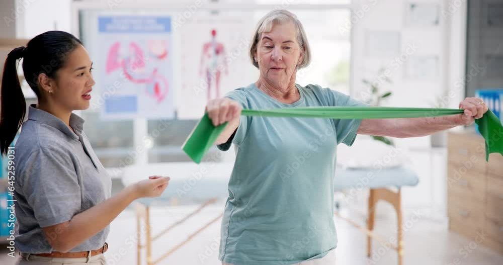Resistance band, exercise and senior woman in physiotherapy with
