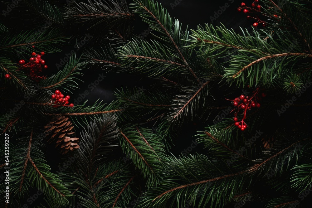 A pine branch with red berries and pine cones A pine branch with red berries and pine cones