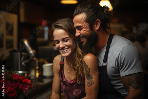 Beautiful woman and man laughing on kitchen