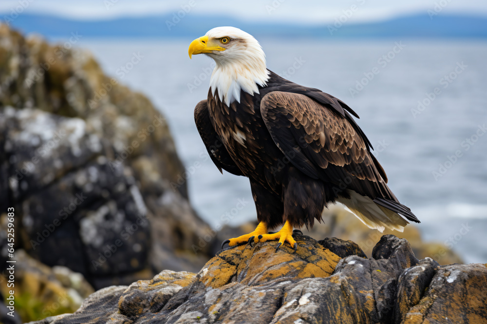 a bald eagle perched on a rock near the water