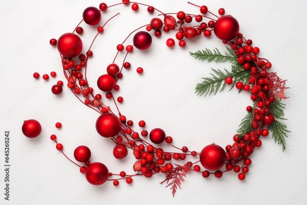 A vibrant arrangement of red balls and greenery on a clean white surface A vibrant arrangement of red balls and greenery on a clean white surface