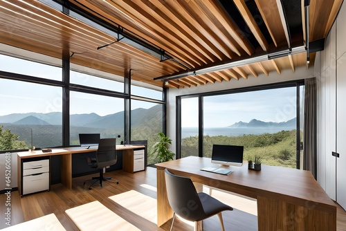 an eco-conscious, off-the-grid home office with integrated solar panels, a living roof, and recycled shipping container walls