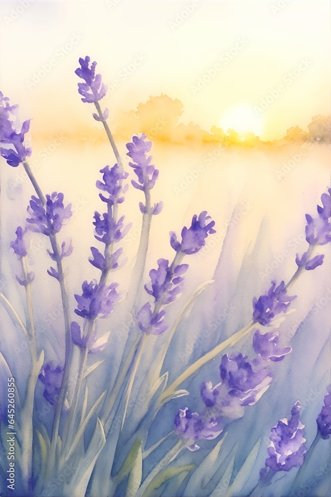 Naklejka premium Watercolor lavender field. AI generated illustration