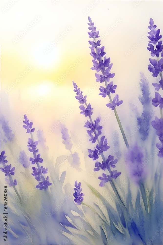 Naklejka premium Watercolor lavender field. AI generated illustration