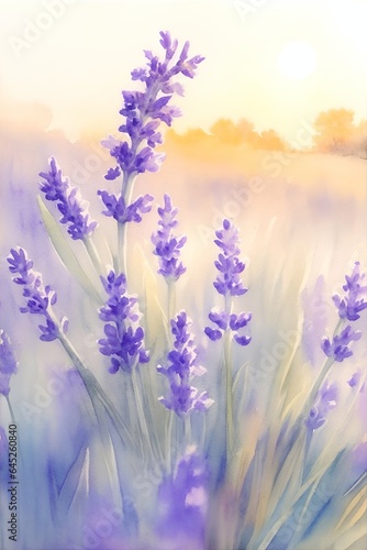 Watercolor lavender field. AI generated illustration