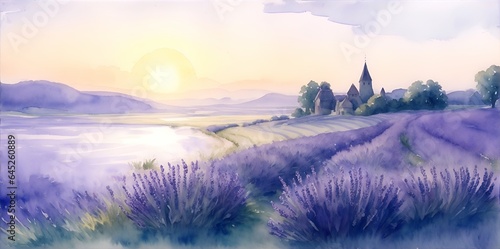 Watercolor lavender field. AI generated illustration photo
